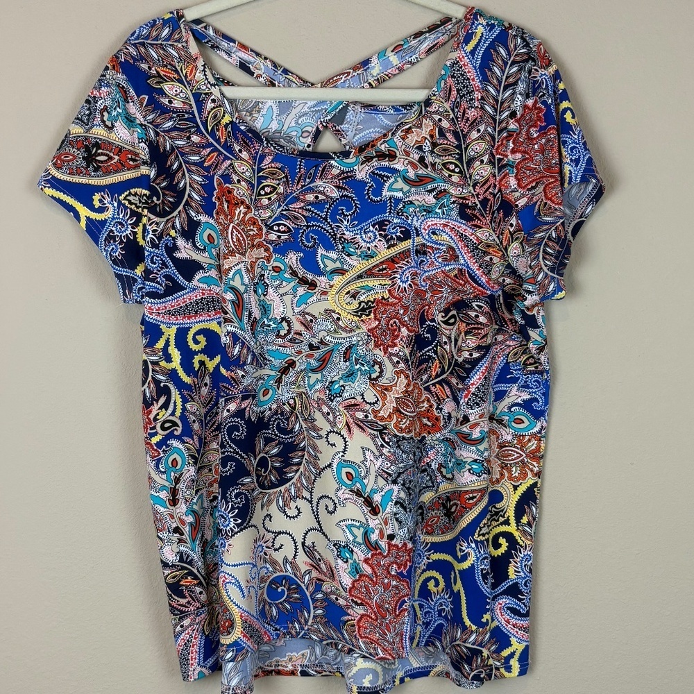 Strazzi Multicolor Paisley Pullover Top  with 1/4 Sleeves and Criss Cross Back